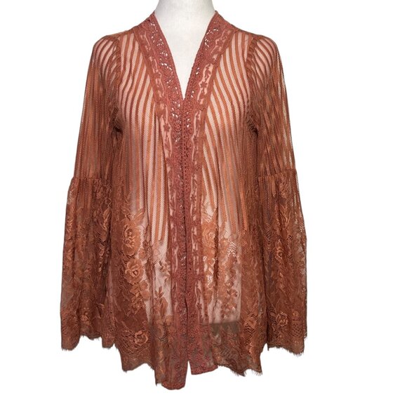 Sheer Pink Flare Sleeve Kimono Boho Flowy Whimsigoth Fairycore Lace Fringe XS - Picture 3 of 10